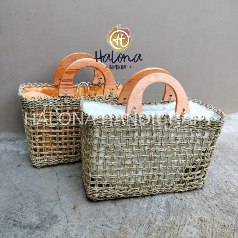 Tas anyam pandan rara kotak handle kayu size Kecil inner serut