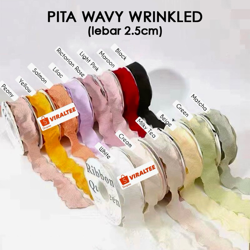 

Pita Wavy Wrinkled 2.5cm Premium Import (ecer per meter) untuk Hampers Buket Kado Natal Kain Besar