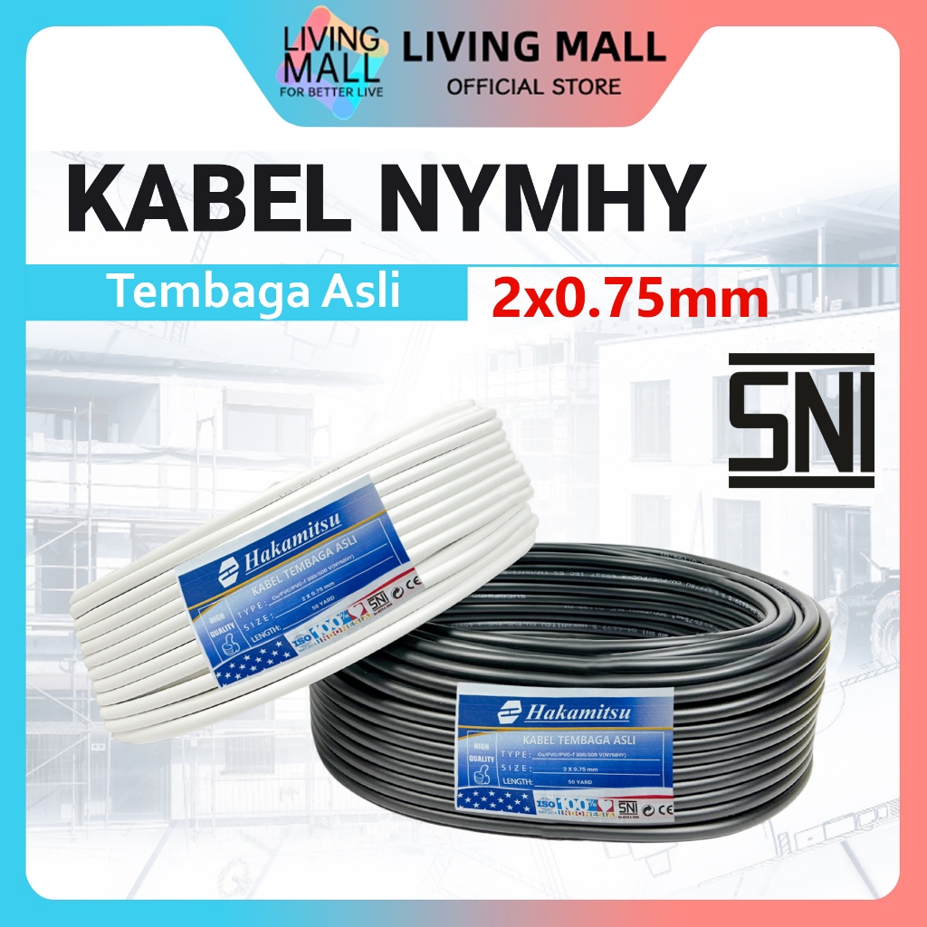 Kabel Tembaga Asli Kabel Listrik Kabel NYMHY 2x0.75 mm Putih Hitam