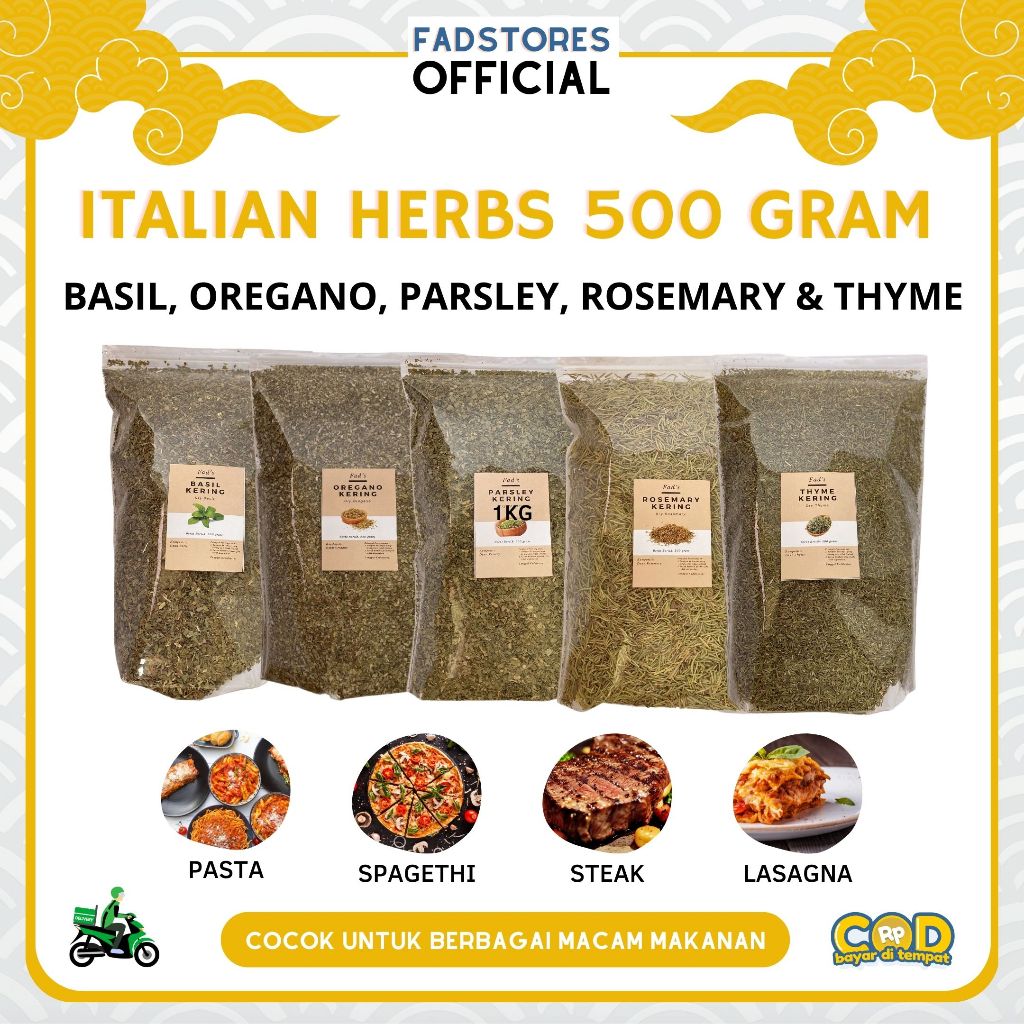 

Italian Spices 500gr - Basil 500gr - Oregano 500gr - Parsley 500gr - Rosemary 500gr - Thyme 500gr - Basil Kering 500gr - Oregano Kering 500gr - Parsley Kering 500gr - Rosemary Kering 500gr - Thyme Kering 500gr