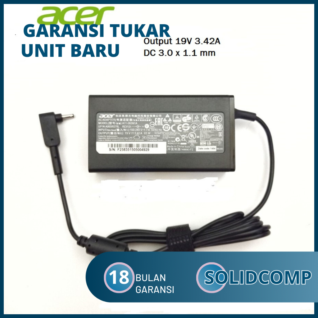Adaptor Acer Swift 19V 3.42A 3.0X1.1Mm Ac Adapter Charger Acer Swift3