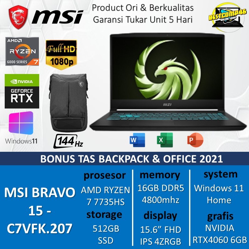 Msi Bravo 15 RTX4060 8GB RYZEN 7 7735HS 16GB 512SSD 15.6FHD IPS WIN11