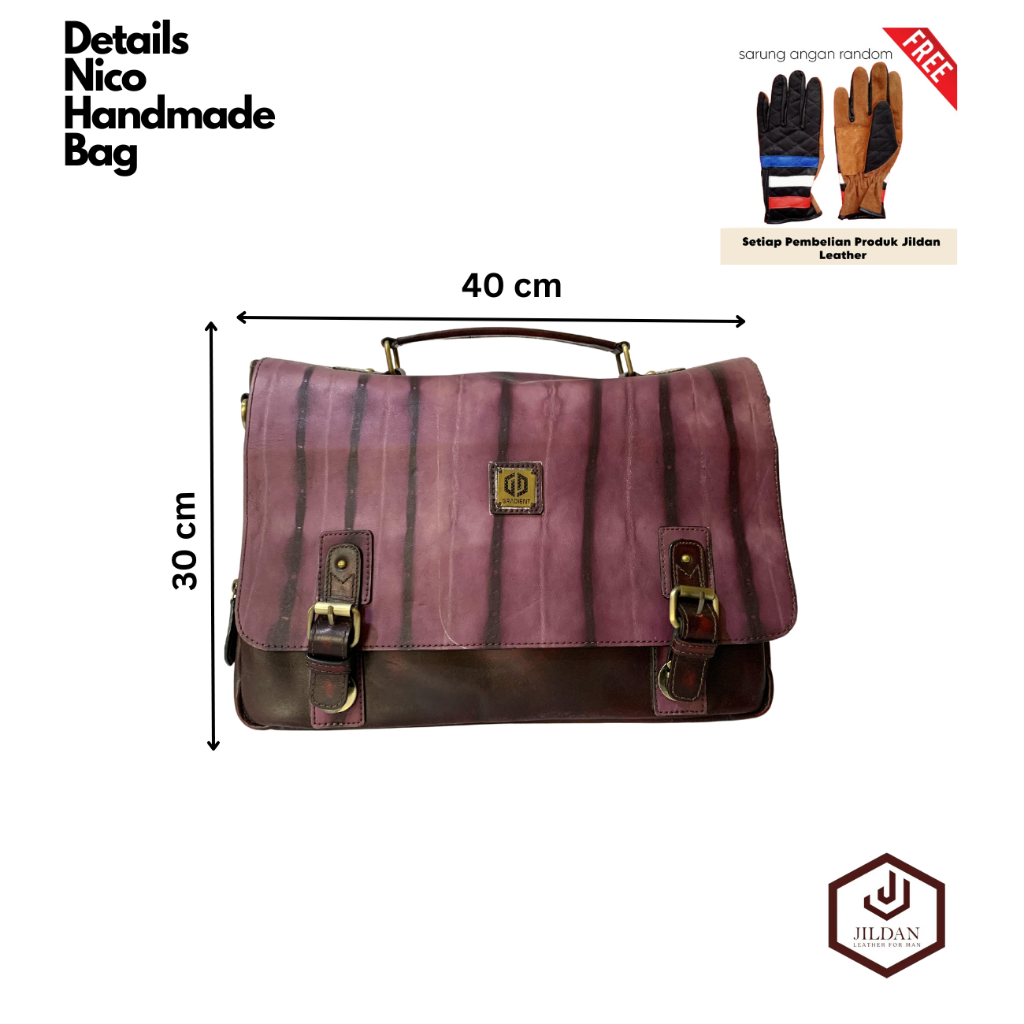 Jildan Leather Tas Pria Nico Kulit Sapi Asli Premium Warna ungu Maroon (Free Sarung Tangan Random)
