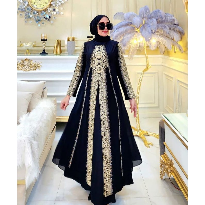 GAMIS ABAYA TURKI MEWAH BORDIRAN BUNGA MATAHARI 001 JERSEY PREMIUM MIX CERUTY BABY DOLL