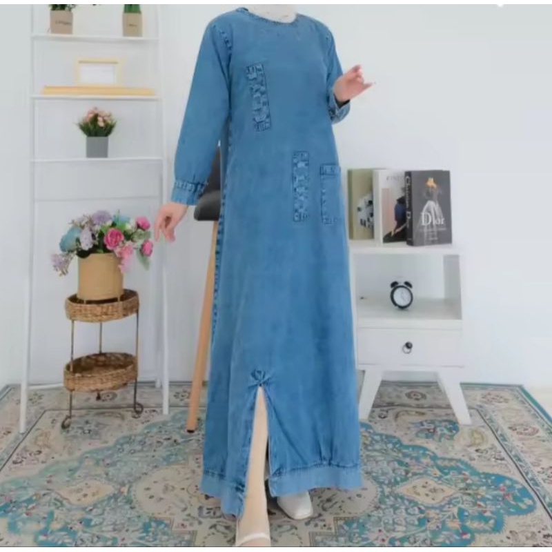 Gamis denim dress muslim kaki belah long dress