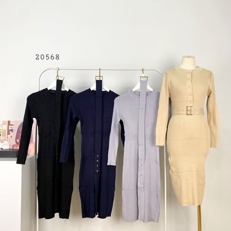 20568 Dress Wanita Polos Rajut Ketat Full Premium/Dress Rajut Bodycon Polos Variasi Full Kancing Dep