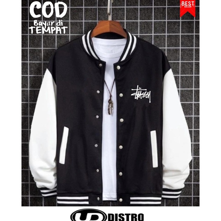 Grab It Fast trx9q4Pe Cod Sweater Jaket Baseball Varsity Kancing Stussy Text Putih Quality Premium  