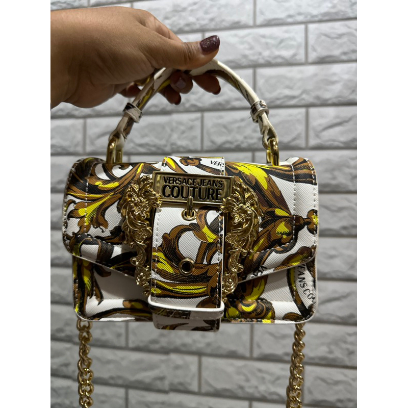 preloved bag by ze "versace jeans couture" slingbag motif signature putih gold