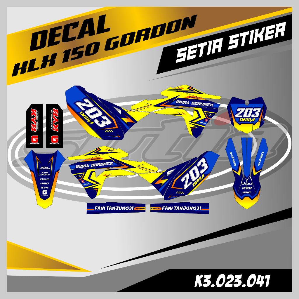 DECAL KLX GORDON, WARNA KUNING BIRU, STIKER SUPERMOTO TRAIL, DESAIN BEBAS CUSTOM BARU (K3.023.041)