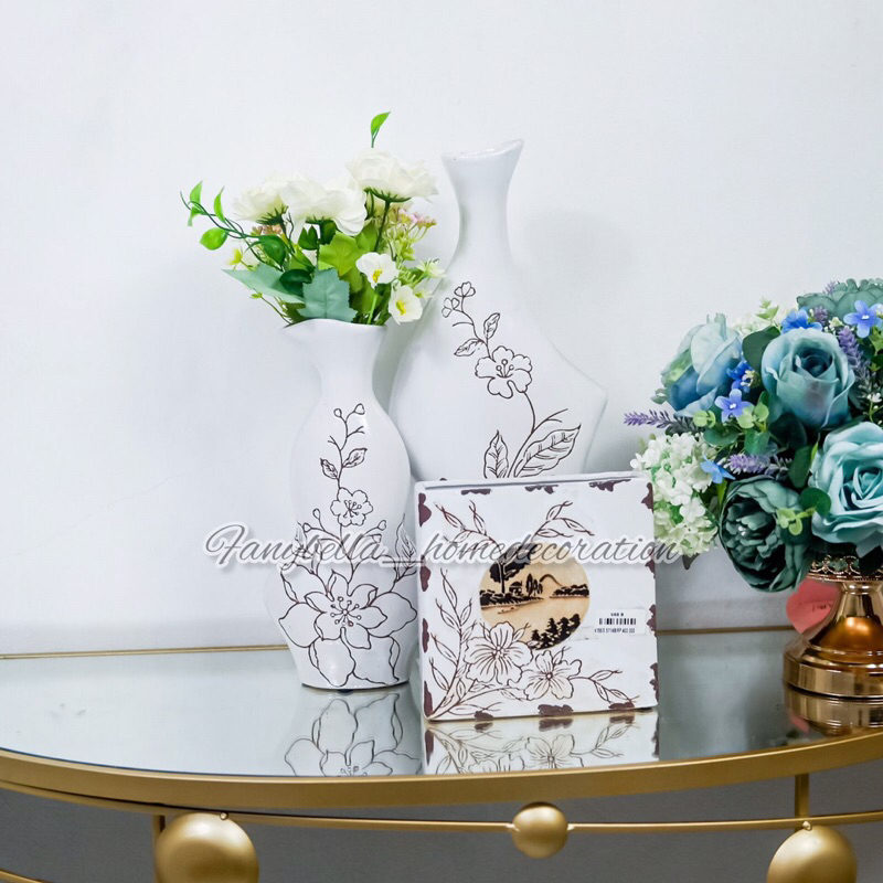Pajangan Meja Keramik Satu Set Guci Vas Bunga Keramik Putih Emas Coklat Import Dekorasi  Hiasan Perc