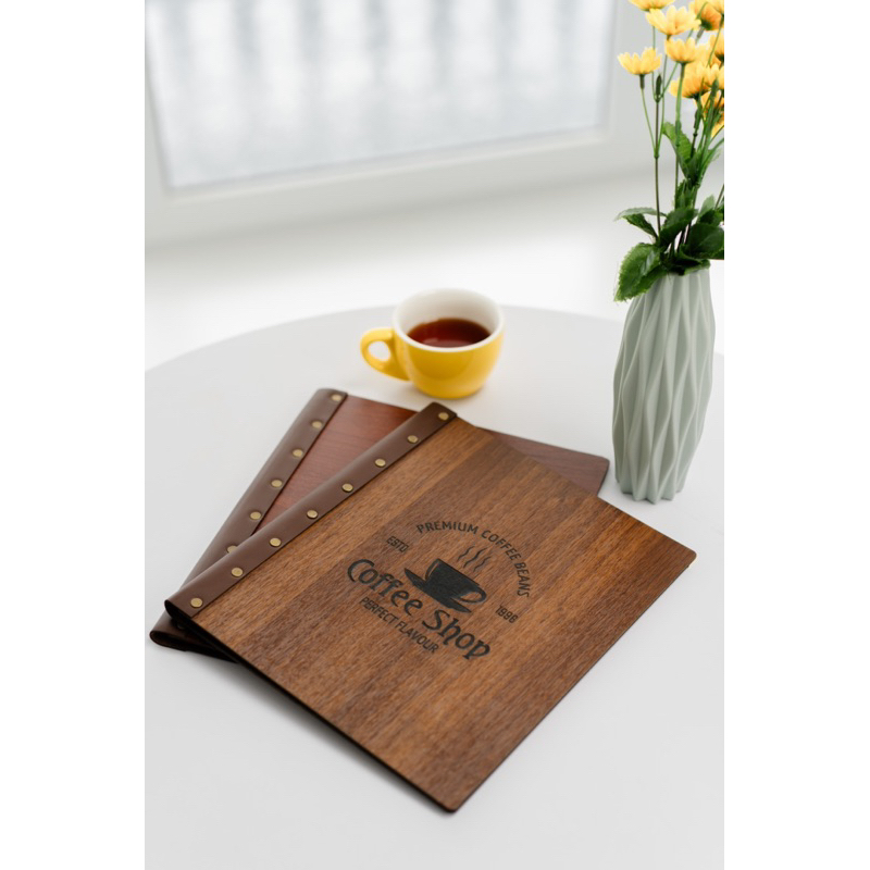 

WOODEN MENU BOOK A4 CUSTOM DESIGN ENGRAVE / PRINT UV