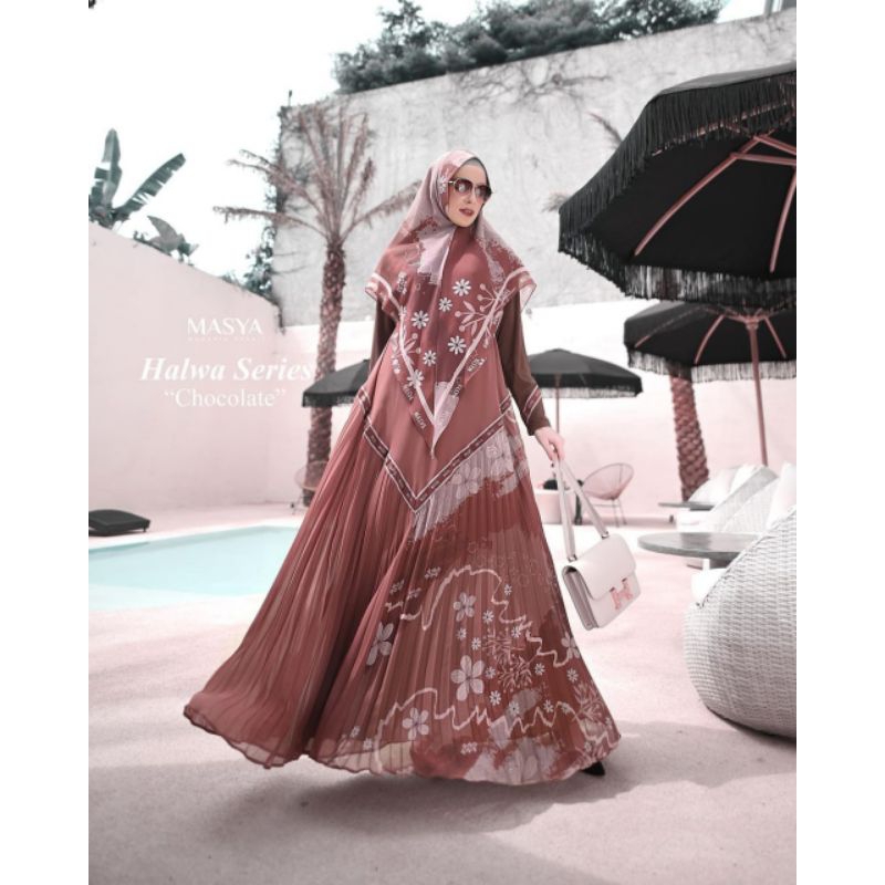 Set Gamis Dress Ceruty Babydoll Printing Premium Syari Branded Merah Maroon - Broken White - Ungu - 