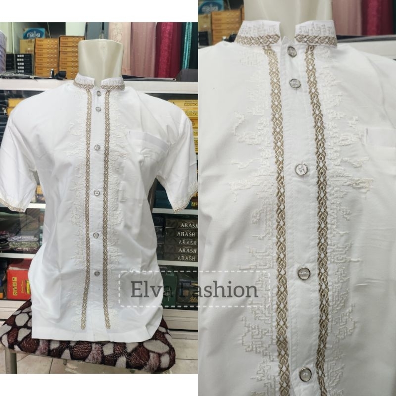 Baju Koko Takwa Pria Tamer Lengan Pendek Putih Bordir Katun Premium Aqua