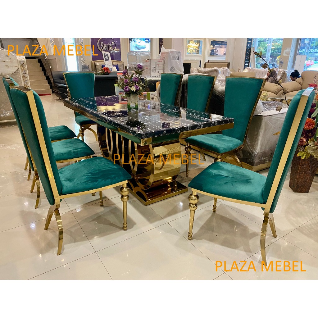 Meja Makan 8 Kursi H888 Marmer Stenlis Gold Uk 200 + Kursi A4 (Hijau / Hitam )