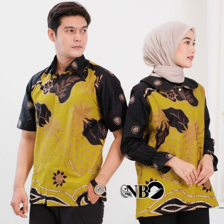 Baju Batik Godong Lompong Kuning Hitam Couple Lengan Pendek Katun Batik Kerja M L XL XXL