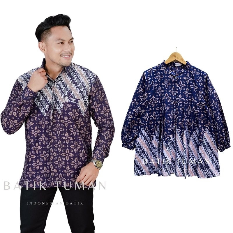 WISNUTAMA KEJORA NAVY Couple Batik Cap Garutan Kemeja Pria & Blouse Wanita Warna Dongker Ungu Purple