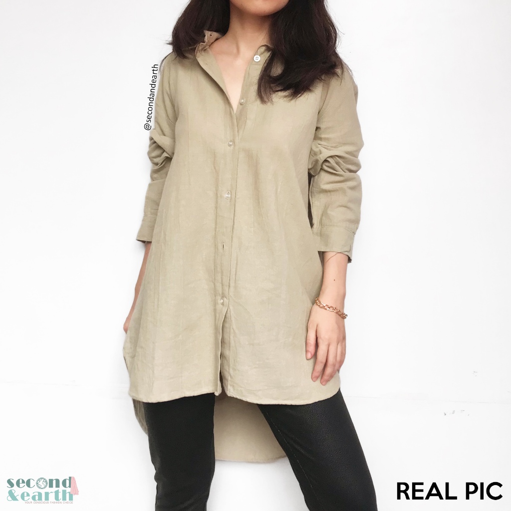 Seminggu Oversized Linen Shirt (XS-L) Atasan Kerja Wanita Kemeja Lengan Panjang Linen Hijau Pupus Po