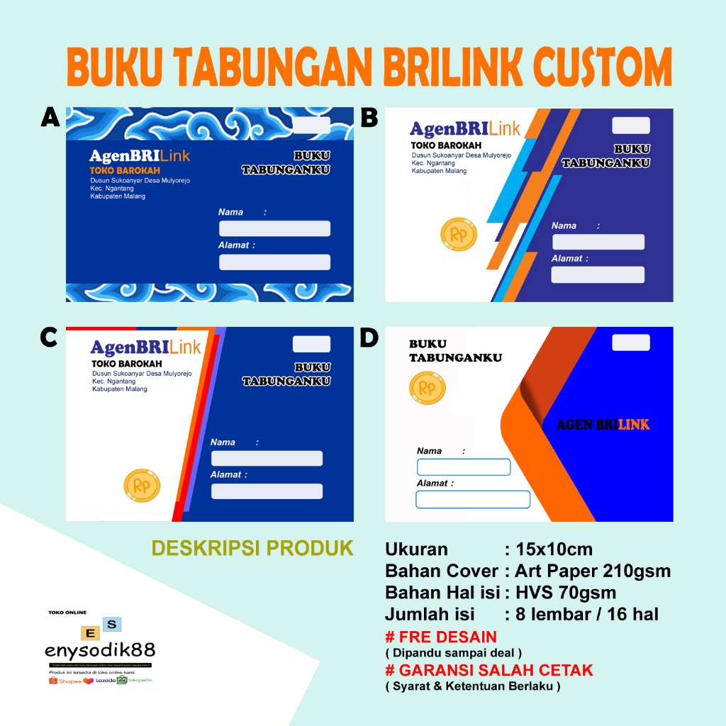 

ES88 BUKU TABUNGAN BRILINK CUSTOM UK 15X10CM BAHAN ART PAPER 210GSM