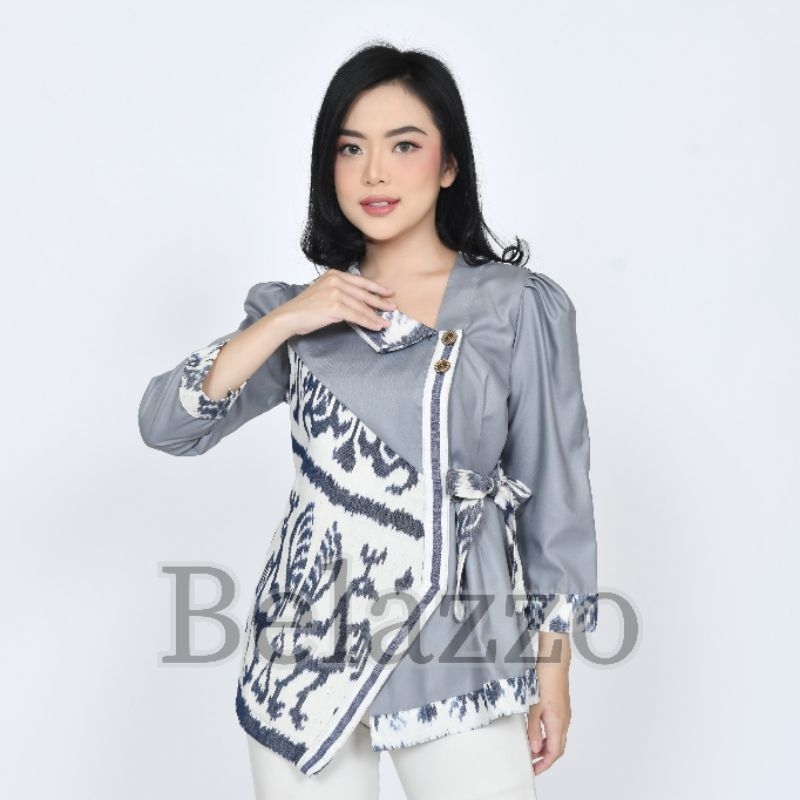 Baju Atasan Blouse Batik Tenun Wanita Modern Terbaru Motif Sumbawa Putih - Blus Tenun Etnik - Baju T
