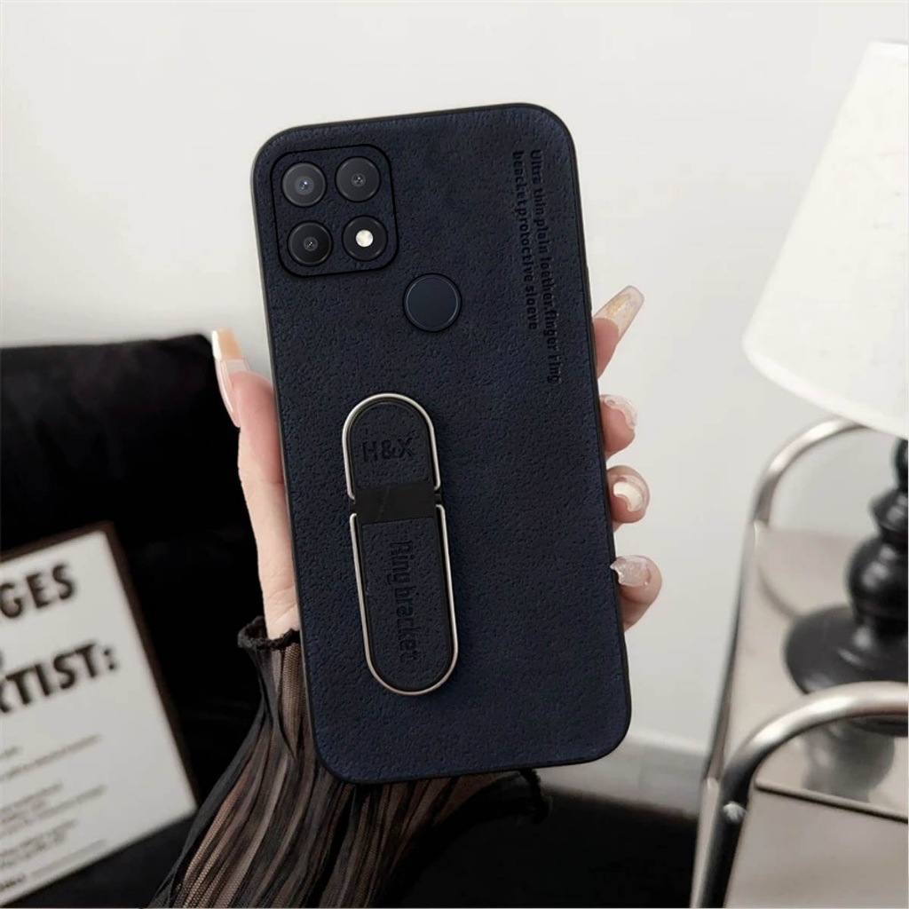 Case Standing Oppo A15 A15S  Luxury Plain Leather Ring Holder