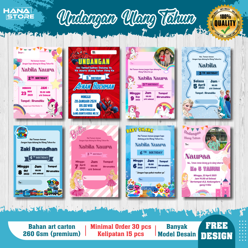 Undangan Ulang Tahun Anak Custom Foto / Undangan Unicorn / Undangan Frozen / Undangan Barbie / Undan