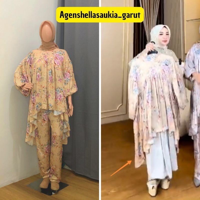 Shella Saukia Official One Set Silk Motif Bunga ShellaSaukia Official Baju Set Celana Silk Satin Wan