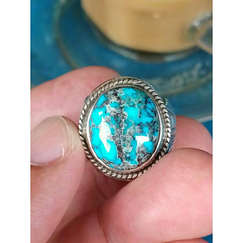 CINCIN BATU PIRUS PERSIA BIRU PANCI MOTIF GARIS YIN-YANG NATURAL RING PERAK HANDMADE.
