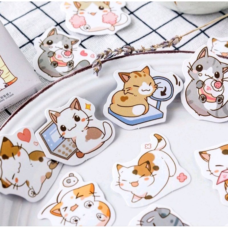 KiSy.Shop 15/45 pcs Sticker Lucu cute cat scrapbook reward craft diary warna soft motif kucing anima