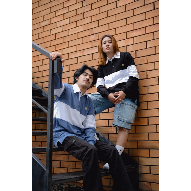 MTBS Mothless Rugby Shirt Couple Dewasa Lengan Panjang Kaos Polos Pria Wanita Light Blue