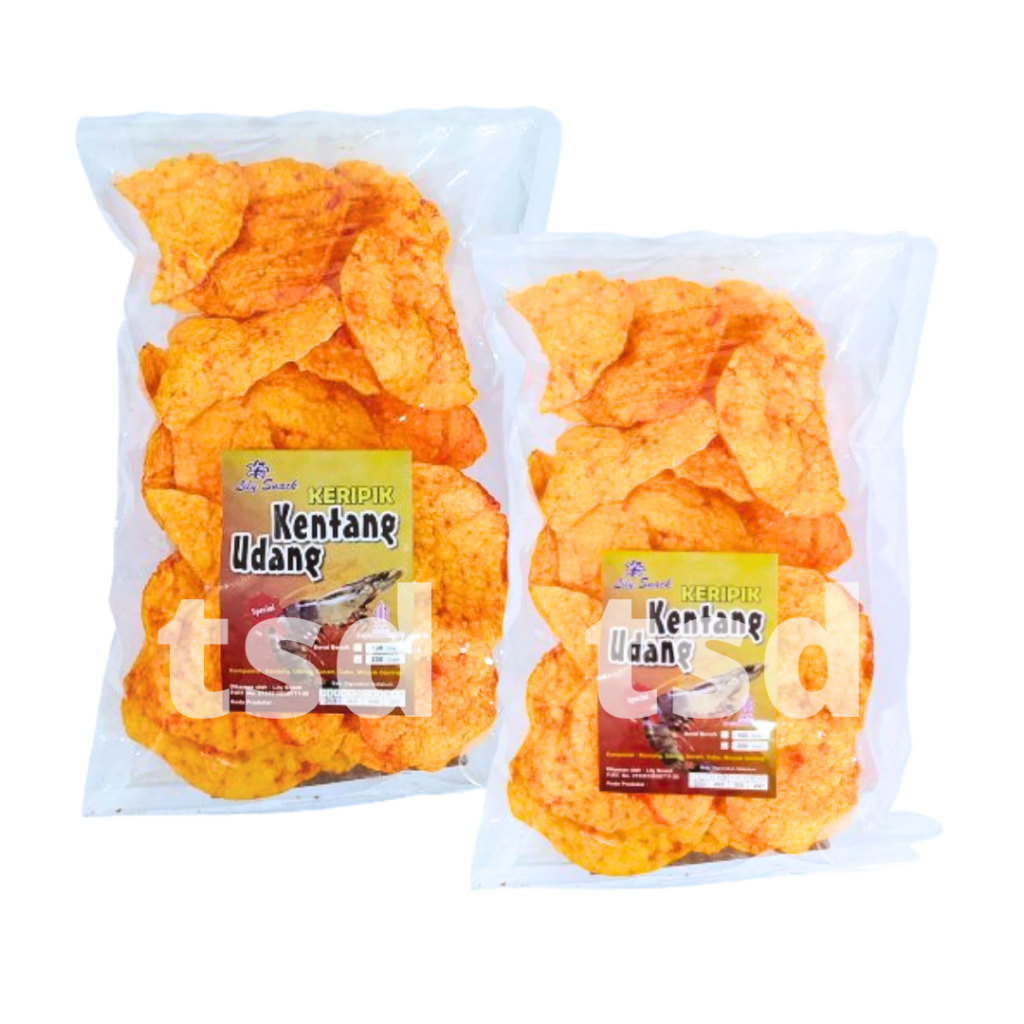 

Keripik Kentang Udang Cemilan Pedas Manis 200 Gram