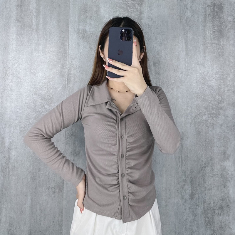 Kemeja rib kerut / Kemeja kerut lengan panjang / Kemeja kancing crop top