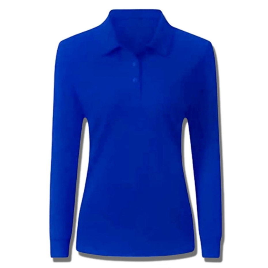 KAOS KERAH POLO LENGAN PANJANG POLOS / KAOS SERAGAM LENGAN PANJANG WANITA UKURAN LENGKAP / BIRU BENH