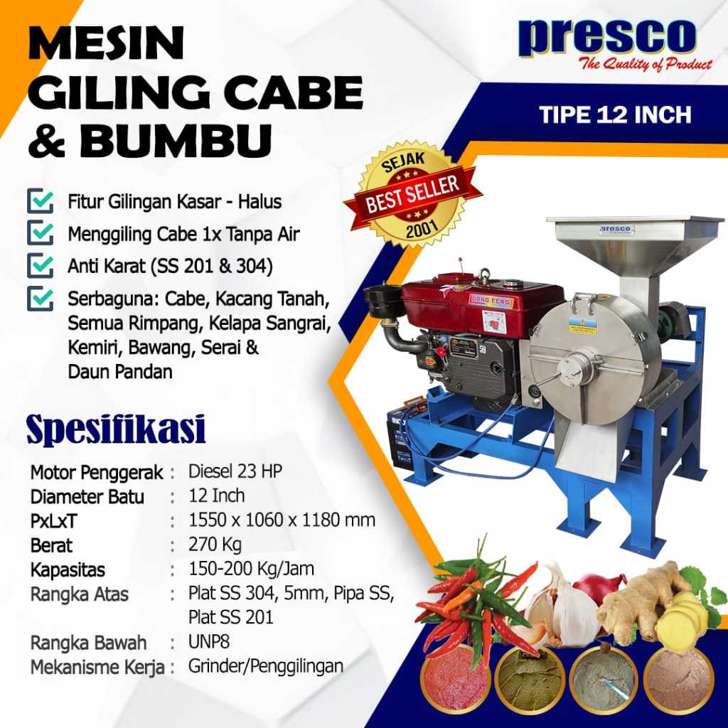 Mesin Giling Cabe dan Bumbu Type 12 Inchi Diesel PRESCO