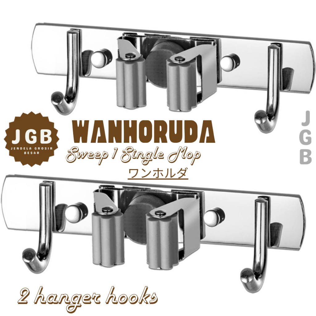 Gantungan Sapu 1 Single Mop Stainless + 2 Gantungan  Kait - Mop Gantungan Sapu