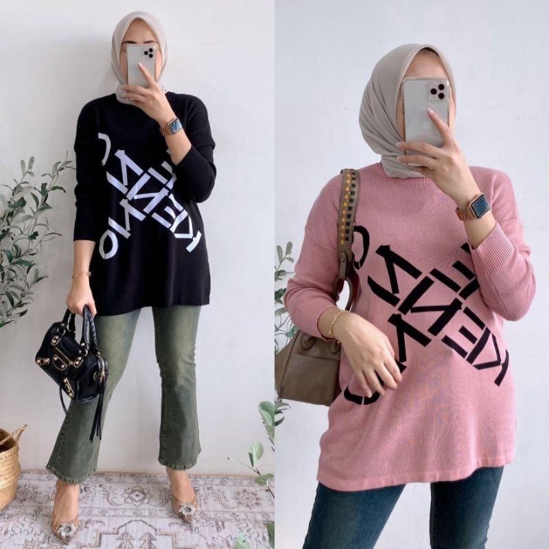 Kinka Rajut Blouse warna hitam abu abu dusty pink Sage hijau green atasan sweater cewek oversize bah