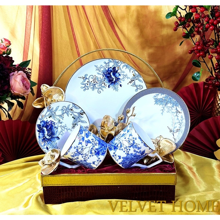 Parcel Imlek hampers piring mug gelas parsel cangkir peony blue merah biru gift kado hampers imlek t