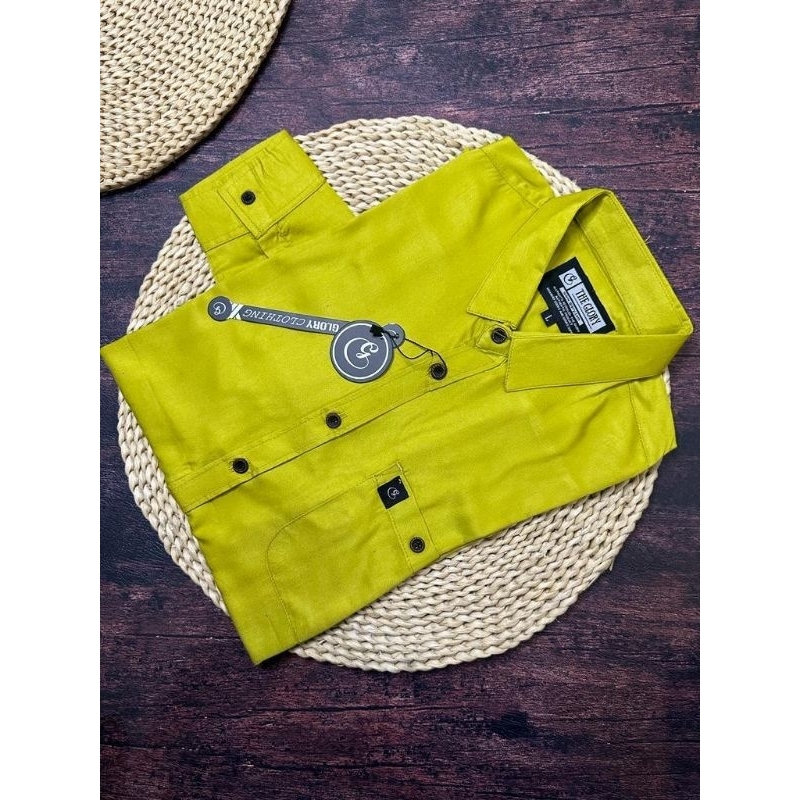 Kemeja Hem Pria polos warna Hijau Lemon lengan panjang