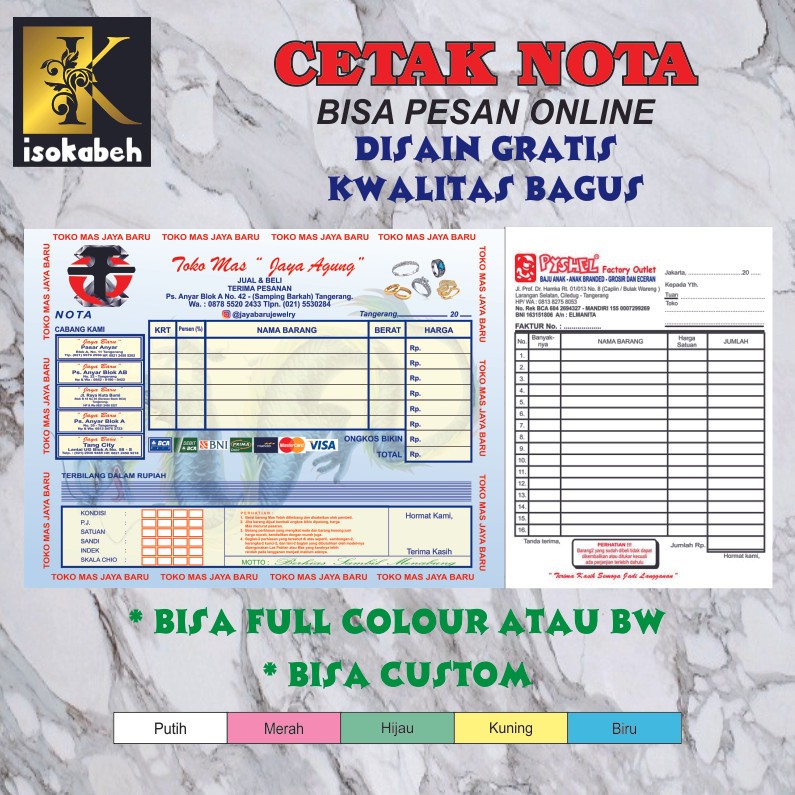 

Cetak NOTA custom, Nota Penjualan, Nota Perhiasan 1/4F(1 buku) Full Colour / BW - 1/4F R2, 4/0+No+P+Foil