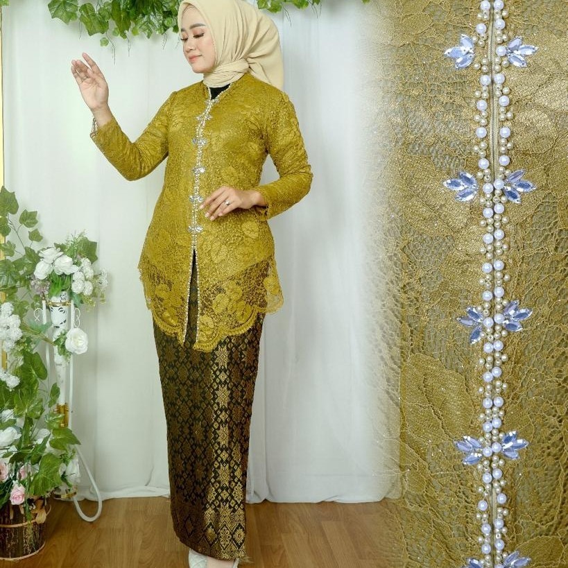 Setelan kebaya encim brokat mix payet / kebaya wanita wisuda modern - Lime