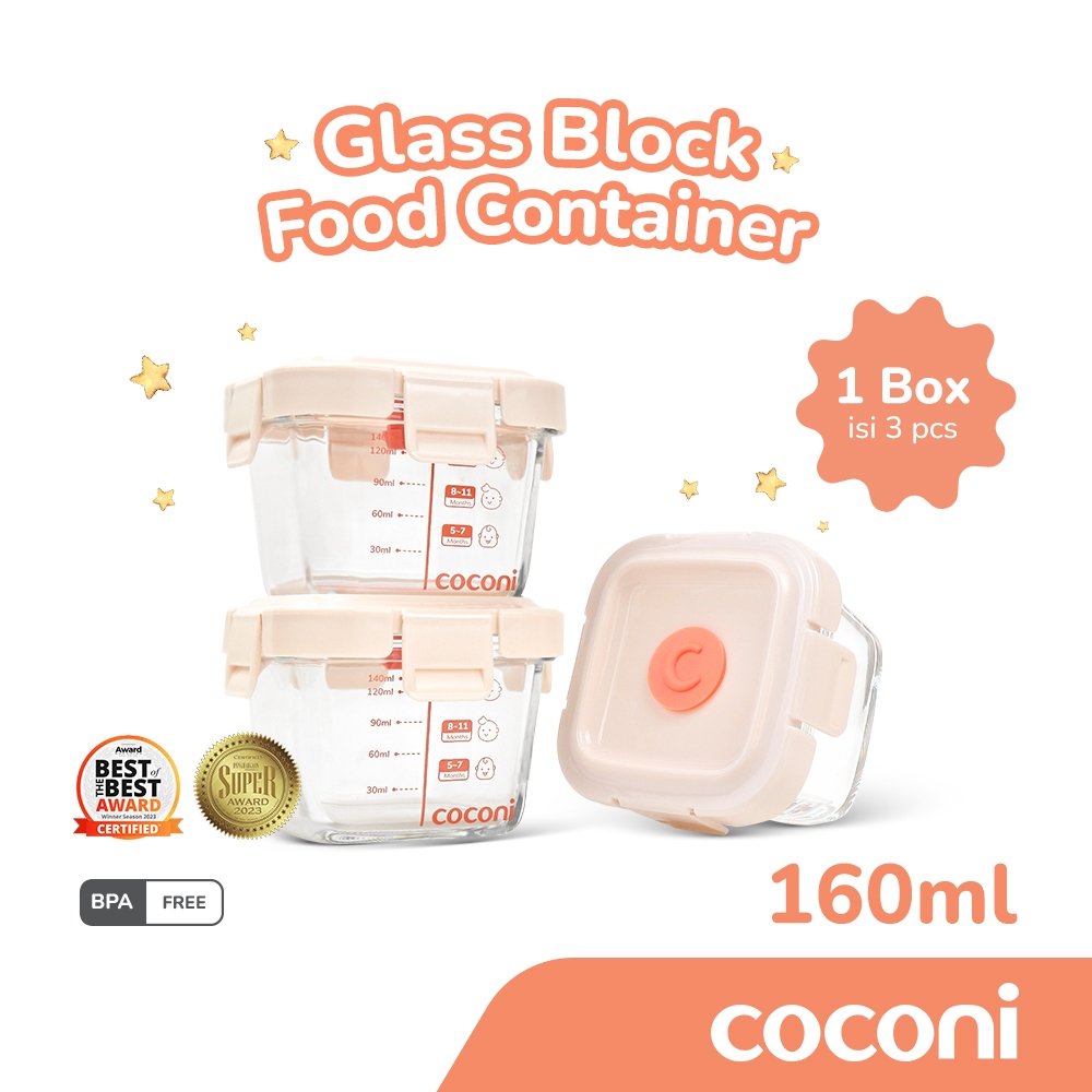 	 COCONI Baby Food Glass Container 3 Pcs x 160ml | Wadah Penyimpanan Makan Kaca Anak MPASI Kedap Udara Tahan Panas isi 3 pcs	