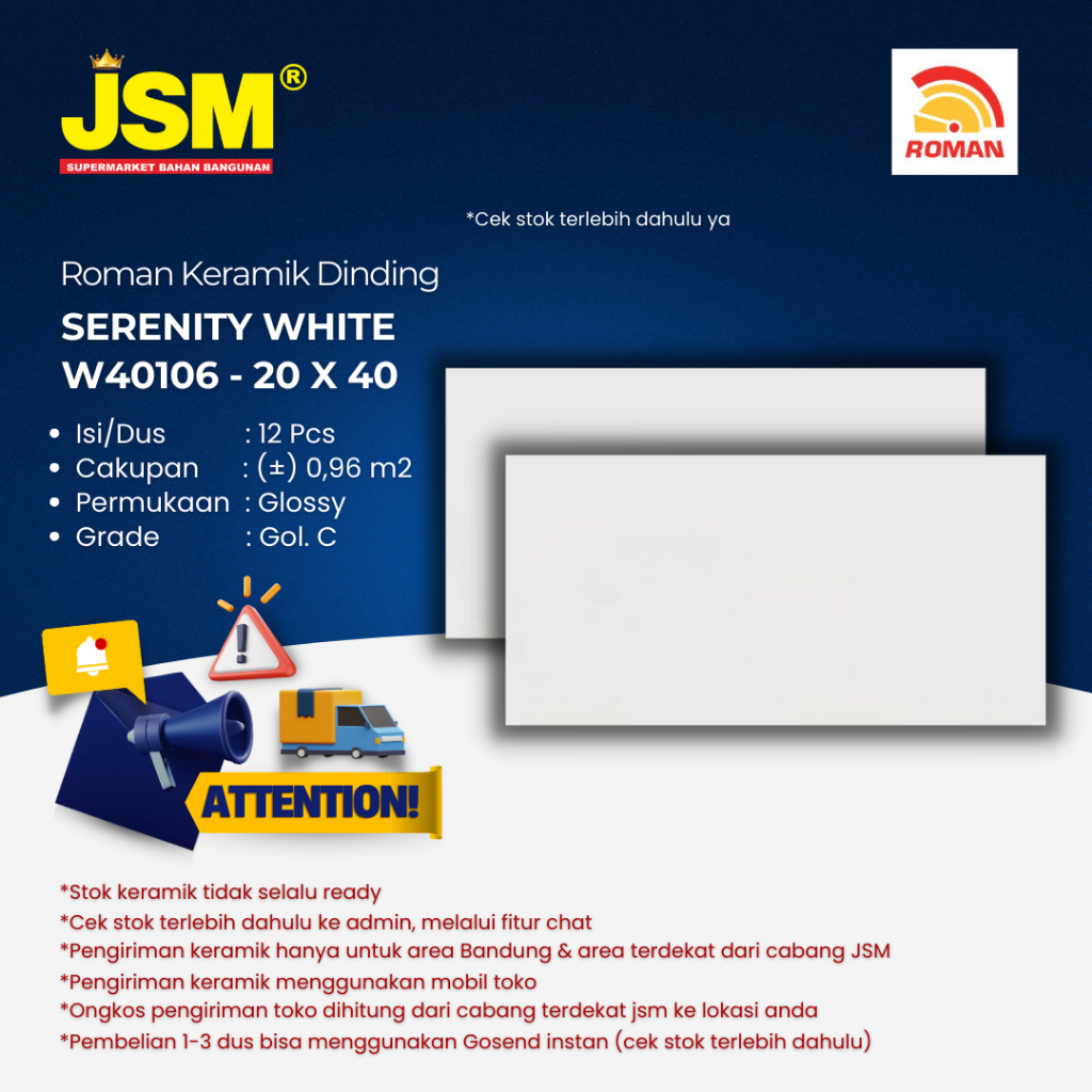 Roman Keramik Dinding Serenity White Matt W40106R 20x40 Gol. C - JSM Supermarket Bahan Bangunan