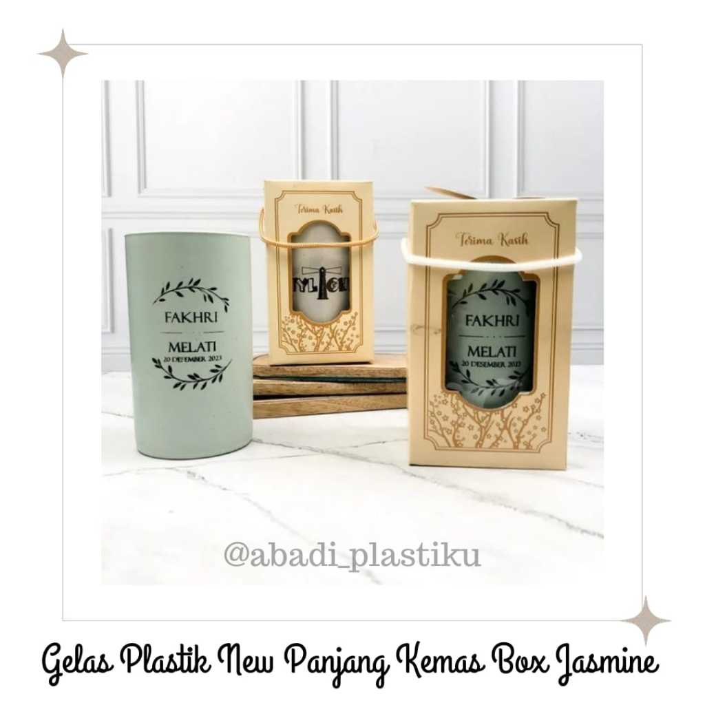 Souvenir Gelas Plastik Lurus/Oval Custom Sablon Kemas Box Jasmine