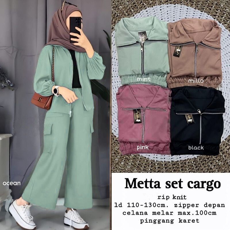 BISA COD' Metta Set Cargo Wanita Dewasa Oneset Jumbo Ld 120 Kekinian Jaket Wanita Terbaru Setelan Wa