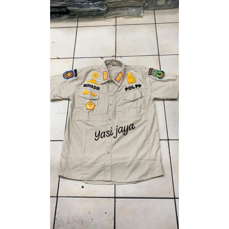 BAJU SATGAS SATPOL PP | DENGAN BORDIR TIMBUL | WARNA CREAM | BORDIRAN BISA REQUES