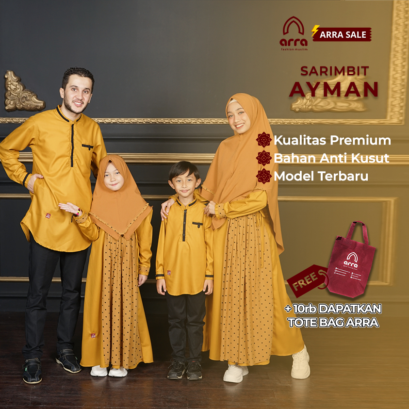 ARRA - Sarimbit Ayman Fashion Muslim Keluarga Koko,Gamis,Kerudung) Gamis Couple Warna Kuning Mustard