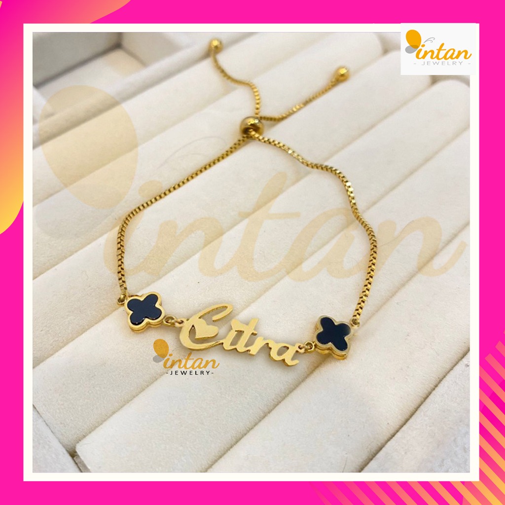 Gelang Serut Clover Nama Custom Titanium Anti Karat Lapis Emas 24 Karat Gelang Tangan Tali Rantai  S