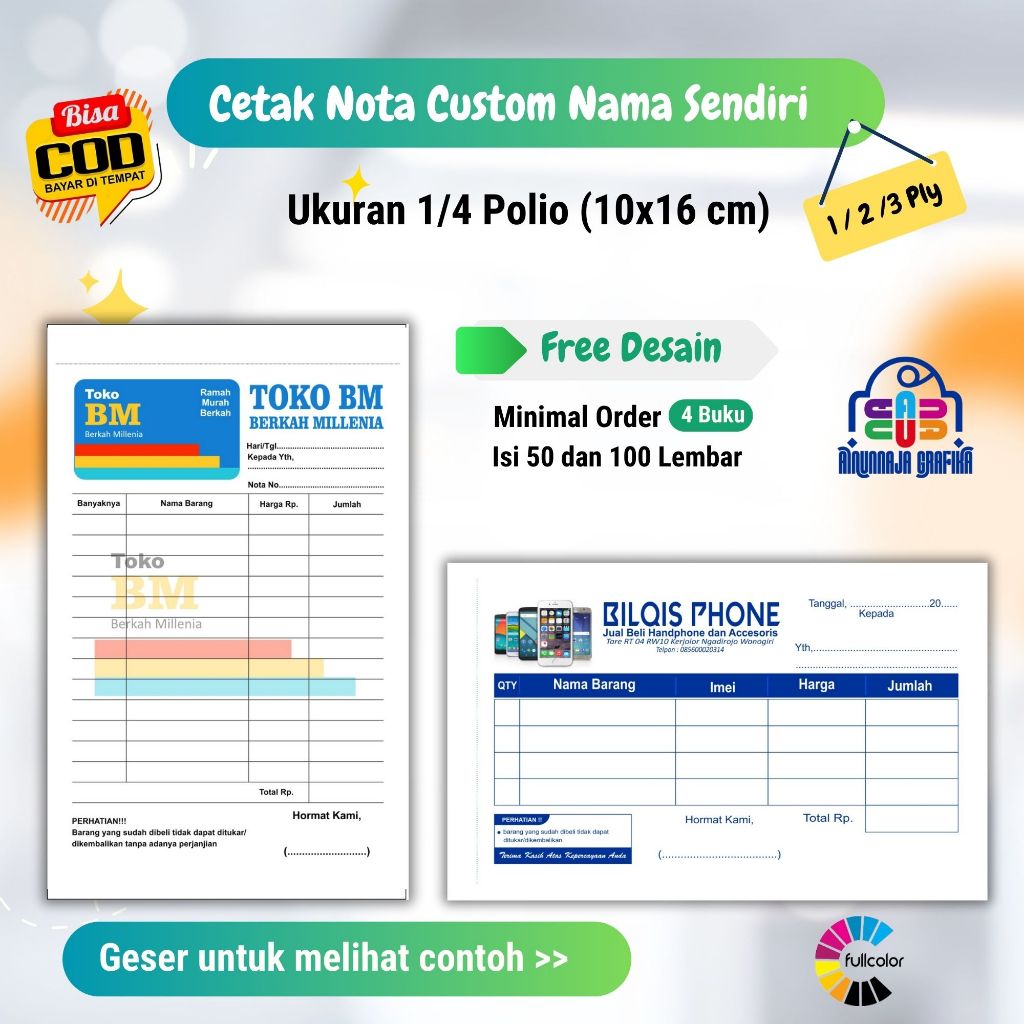 Nota Custom, nota Laundry, Nota bengkel, Cetak Nota Cutom service HP, Nota Service HP custom