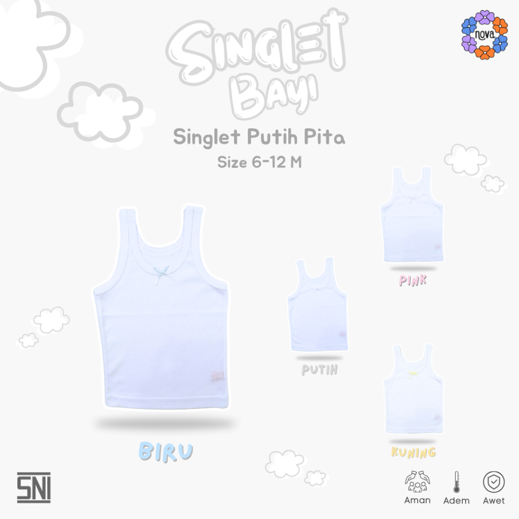 NOVA Singlet Bayi - Singlet Putih Pita Warna 6-12 Bulan (1 Pcs)