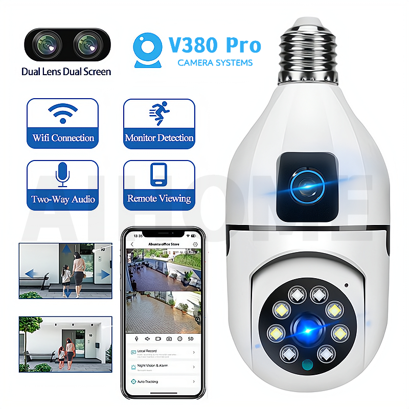 AIHOME V380 PRO Kamera CCTV Lampu Wireless Dual Lens Auto Tracking Color Night Vision CCTV Panoramic Security Camera
