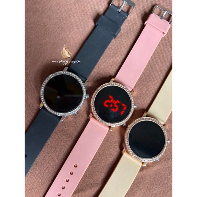JAM TANGAN WANITA LED DIGITAL PERMATA BERKILAU TALI RUBBER JAM LED WANITA  JAM DIGITAL LED BULAT JAM